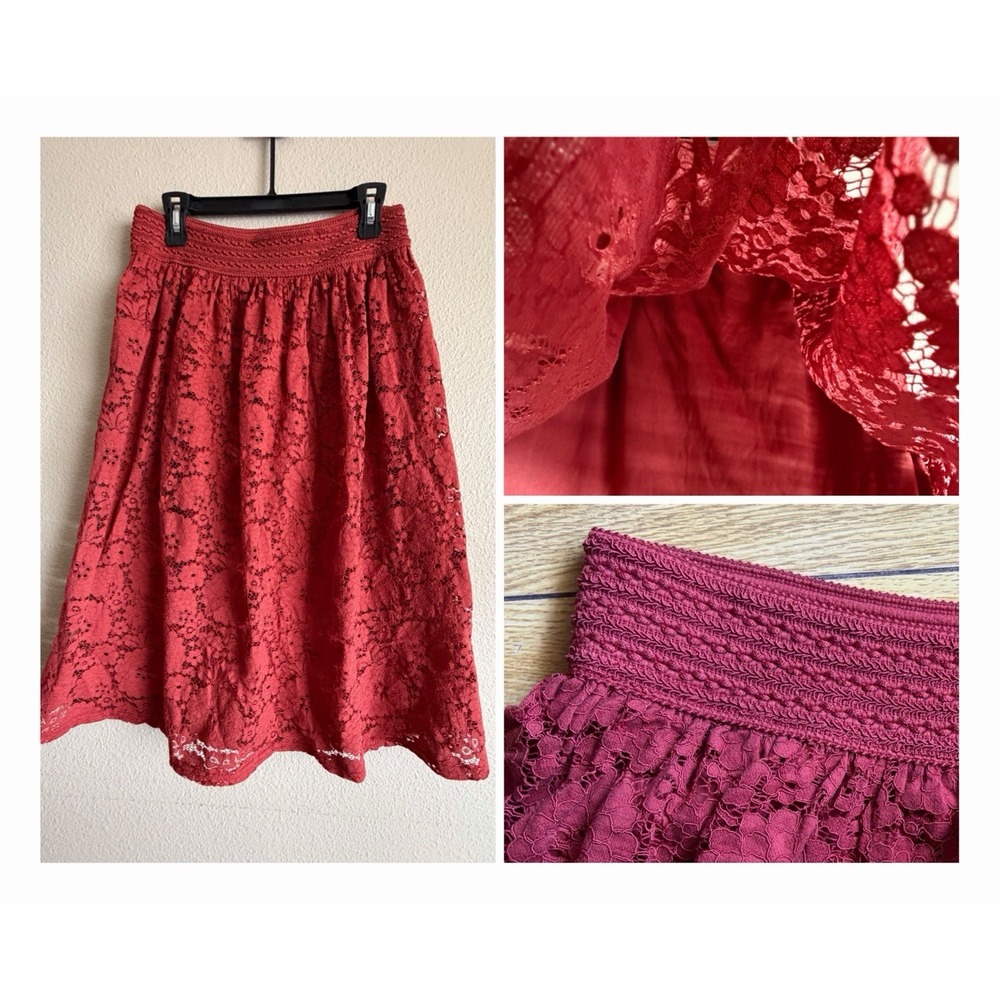 Metisier Rust Florl Lace Midi Skirt M Fall Statement Textured Elastic Waist Boho